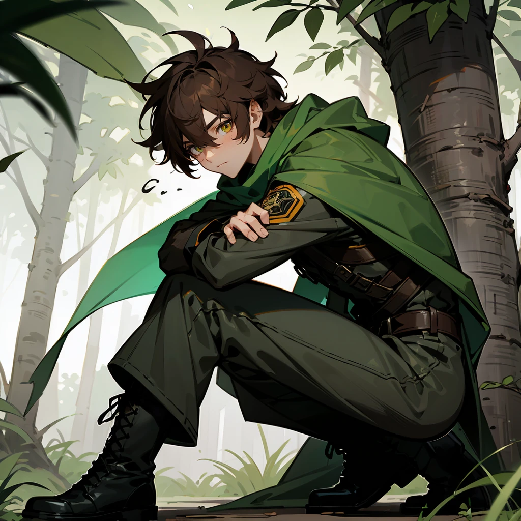 1male, Brown Hair, Black Tactical Gear, Messy Hair, Green Scarf, Combat Boots, Amber Eyes, Calm Expression, Tall, Scout, Adult Male, Jungle, Hiding in the Trees