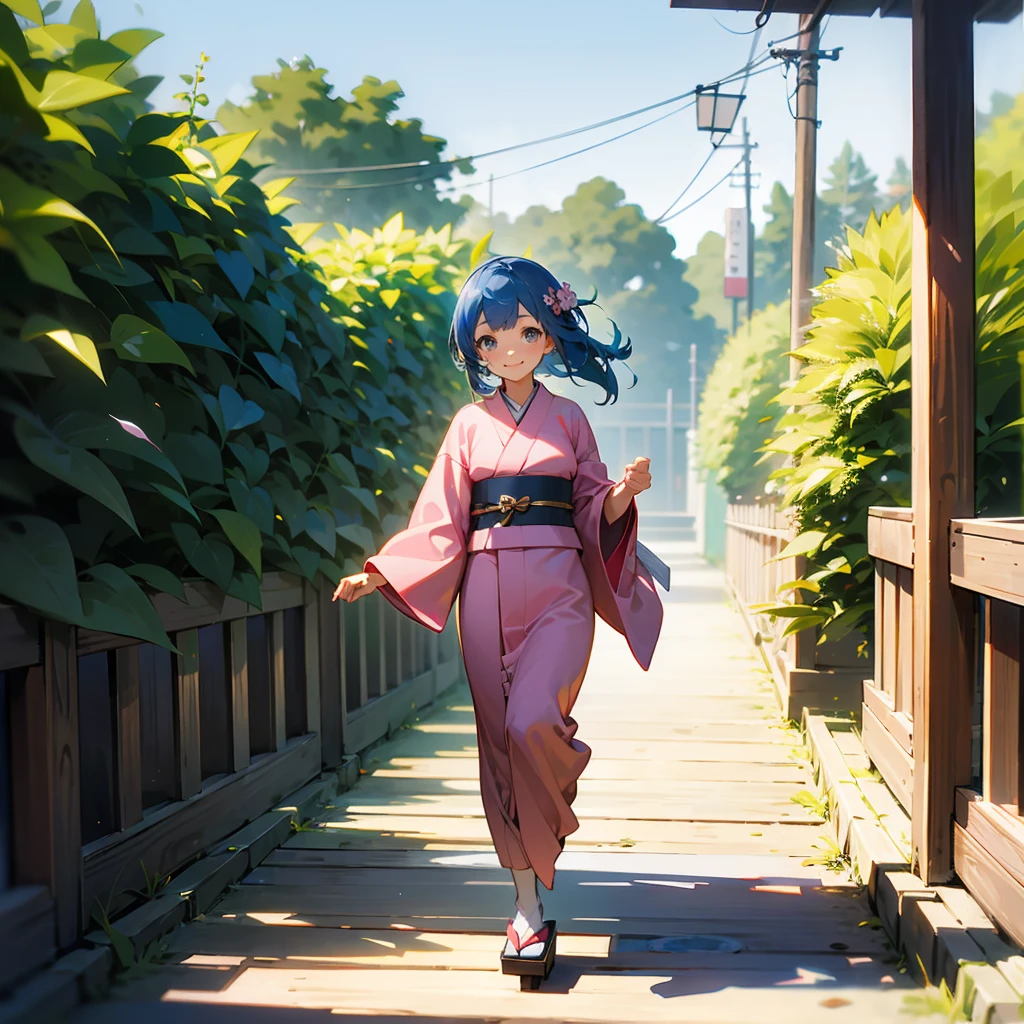 1female, Blue Hair, Pink Kimono, Straight Hair, Wooden Sandals, Traditional Japanese Attire, Grey Eyes, Smiling, , Fisherman, Adult Female, Garden, Walking along a Path