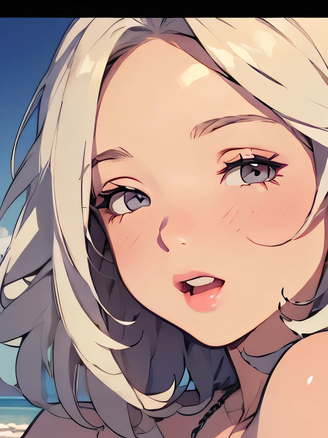 ((high quality colour line art)), (highly detailed), ((cute girl face)), (naked), necklace, (((sunny beach))), ((pale skin)), (((anatomically correct))), (long white hair), (((chubby))), (singing), ((close-up))