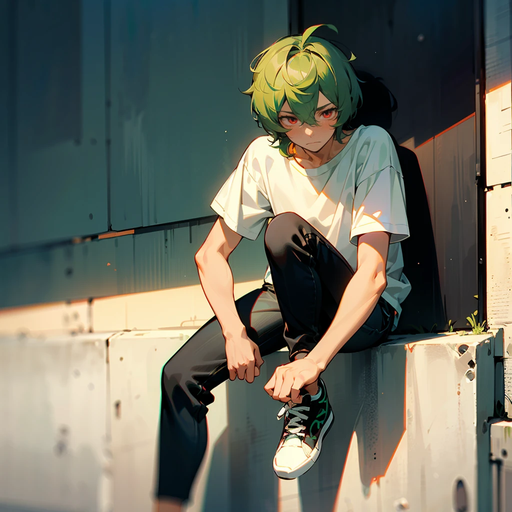 1male, Green Hair, White T-shirt, Shaggy Hair, Black Jeans, Sneakers, Red Eyes, Focused Expression, Average Build, Regular, Young Male, City, Leaning on a Wall