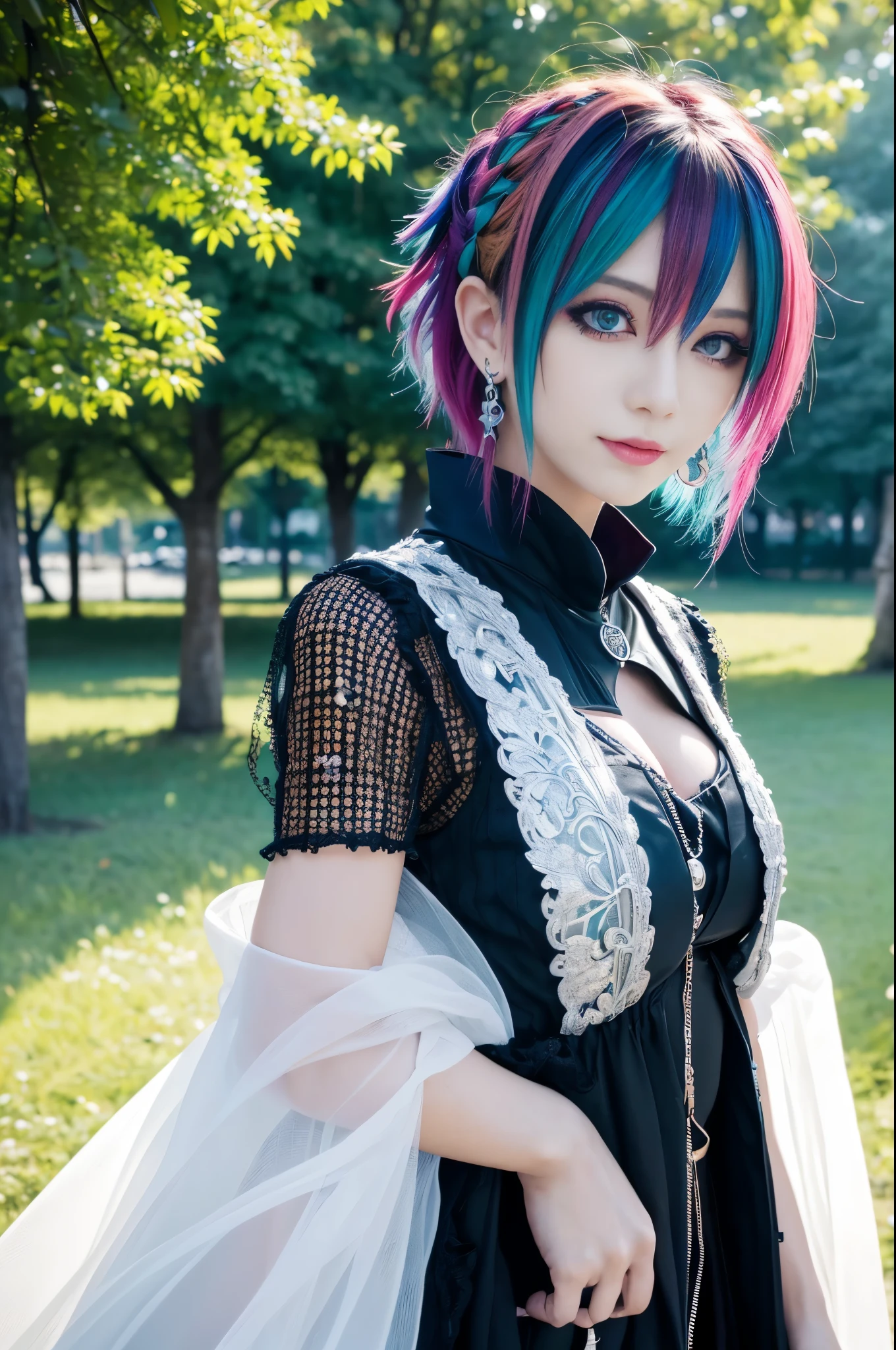 (masterpiece:1.4), (best quality:1.4), ultra high res, ultra high resolution, ((ultra detailed facial features)), HDR, (realistic, photorealistic, photo-realistic:1.37), full body Esbian, sexy Swedish model, (-anime), vivid colors, ((vivid colors multicolor (Visual Kei style very short hair))), (big smile), ultra detailed heavy eye-makeup, bold lip-color, long lashes, defined eyebrows, wearing large dramatic Visual Kei jewelery, wearing a Visual Kei cosplay, ((vivid Visual Kei outfit)), layered clothing, look at the camera, cinematic light, large park background with trees, sweet and sexy pose
