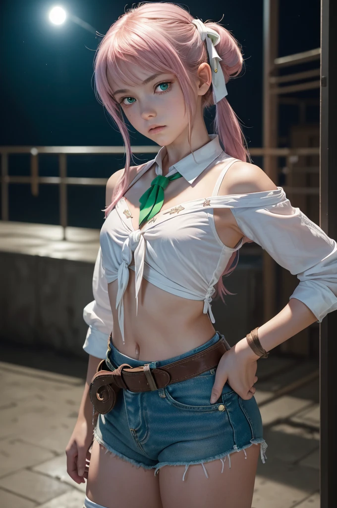 (masterpiece), (best quality), (high res), ((((Solo)))), (perfect anatomy), (young girl (10 years old), fair skin, pink hair (shoulder length), green eyes, (((cowgirl outfit))), (((white tied up shirt))), jean skintight black mini shorts, tired, (((flat chest))), in a futuristic setting with a green light, annoyed, cyberpunk, (drinking water), best anime 4k, cybersuits, in her school, (at night), (night), ((((alone))))