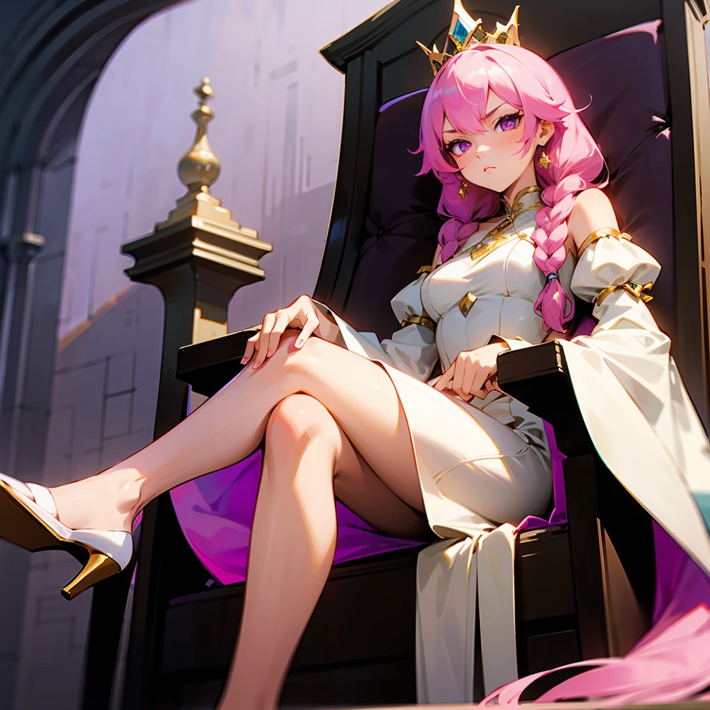 1female, Pink Hair, Yellow Cocktail Dress, Braided Hair, White Heels, Elegant Attire, Purple Eyes, Serious Expression, Athletic, Princess, Adult Female, Castle, Sitting on a Throne