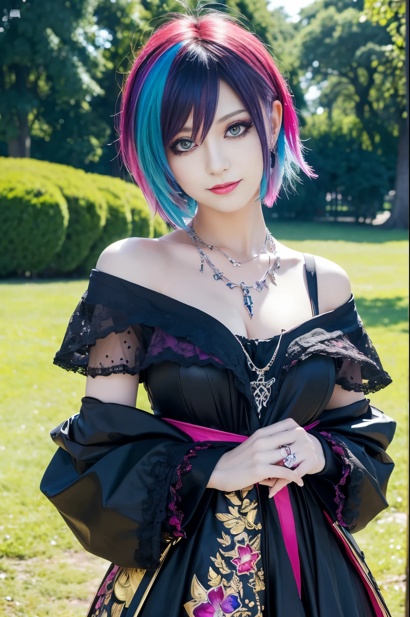 (masterpiece:1.4), (best quality:1.4), ultra high res, ultra high resolution, ((ultra detailed facial features)), HDR, (realistic, photorealistic, photo-realistic:1.37), full body Esbian, sexy Swedish model, (-anime), vivid colors, ((vivid colors multicolor (Visual Kei style very short hair))), (big smile), ultra detailed heavy eye-makeup, bold lip-color, long lashes, defined eyebrows, wearing large dramatic Visual Kei jewelery, wearing a Visual Kei cosplay, ((vivid Visual Kei outfit)), layered clothing, look at the camera, cinematic light, large park background with trees, sweet and sexy pose