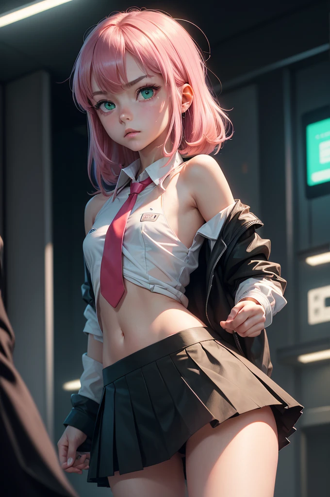 (masterpiece), (best quality), (high res), ((((Solo)))), (perfect anatomy), (young girl (10 years old), fair skin, pink hair (shoulder length), green eyes, (school uniform), (white shirt), (red tie), (black jacket), (short black mini skirt), tired, (((flat chest))), in a futuristic setting with a green light, annoyed, cyberpunk, (drinking water), best anime 4k, cybersuits, in her school, (at night), (night), ((((alone))))