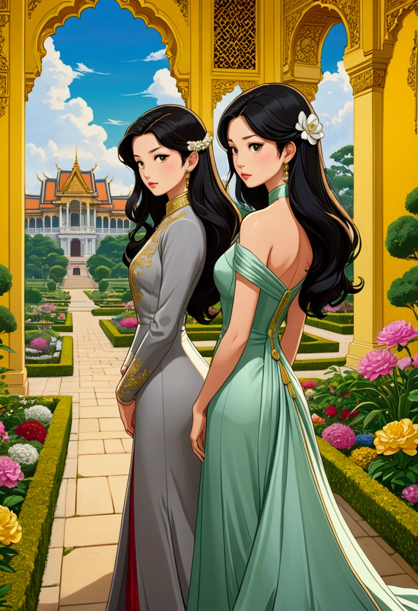 Name "The Loyal Pin (Freen Sarocha & Becky Armstrong)" in an elegant and dynamic 3D font in metallic silver, to an image of two beautiful women in love but very sad standing back to back, each looking away, in style anime illustration, one is a beautiful young white Asian woman, dressed as a high society lady, with long black hair and beautiful features, the other is a British princess with light brown, semi-long hair and beautiful, sad features surrounded by a sad landscape of a flower garden and a majestic palace with yellow walls and beautiful green Thai style carved windows. The image gives intimacy and radiates a deep sadness for the Goodbye and the separation that is approaching.