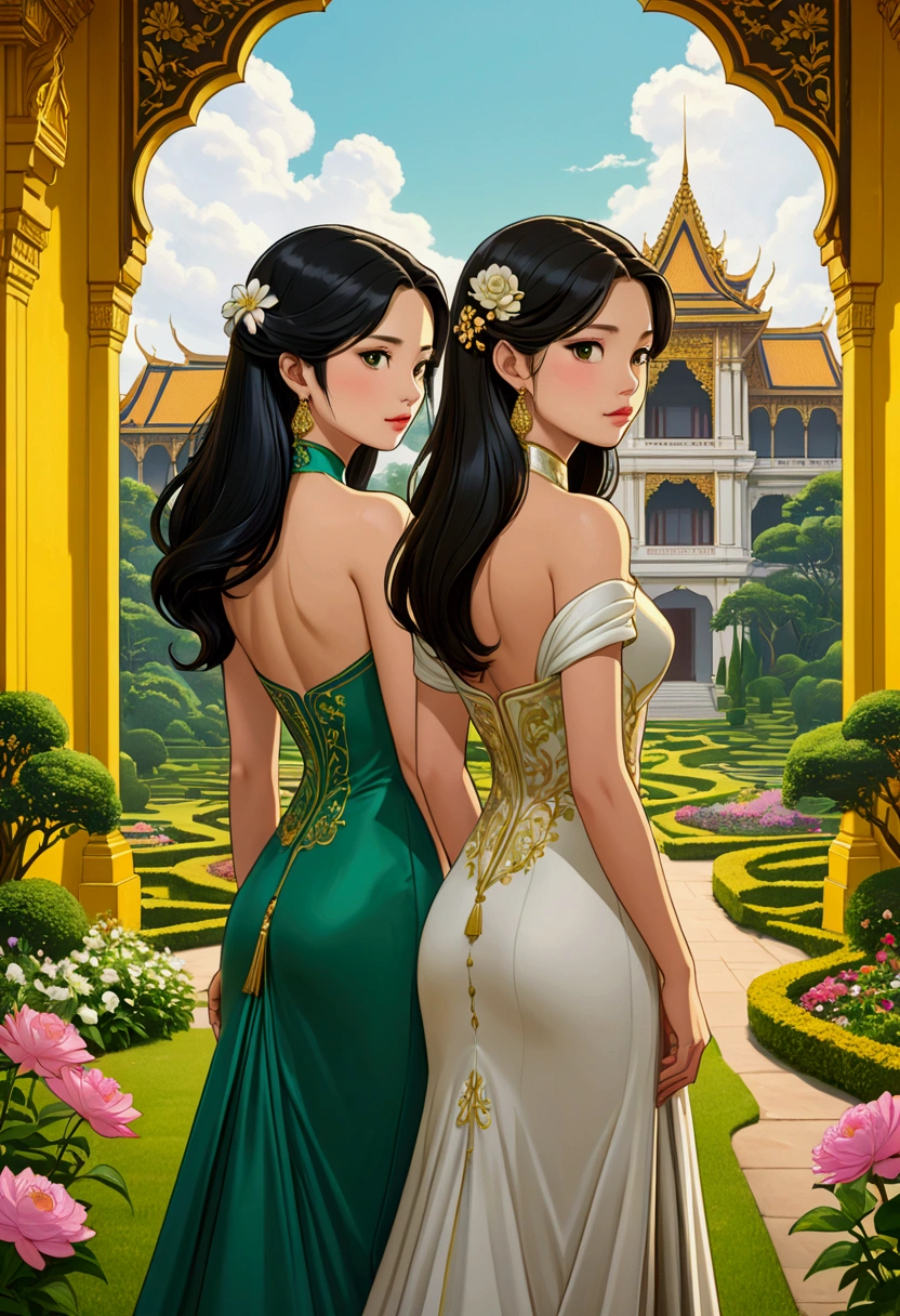 Name "The Loyal Pin (Freen Sarocha & Becky Armstrong)" in an elegant and dynamic 3D font in metallic silver, to an image of two beautiful women in love but very sad standing back to back, each looking away, in style anime illustration, one is a beautiful young white Asian woman, dressed as a high society lady, with long black hair and beautiful features, the other is a British princess with light brown, semi-long hair and beautiful, sad features surrounded by a sad landscape of a flower garden and a majestic palace with yellow walls and beautiful green Thai style carved windows. The image gives intimacy and radiates a deep sadness for the Goodbye and the separation that is approaching.