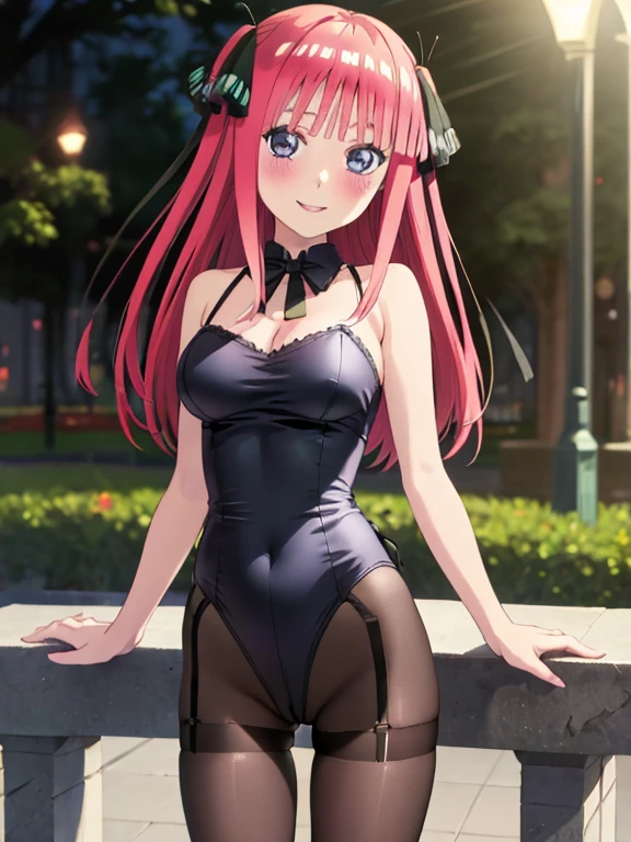 best quality, insanely detailed, nino nakano, breasts, blush, outdoor background, bare-shoulder, looking at viewer, garter strap, a black ribbon, pantyhose, highleg leotard, pussy, smile