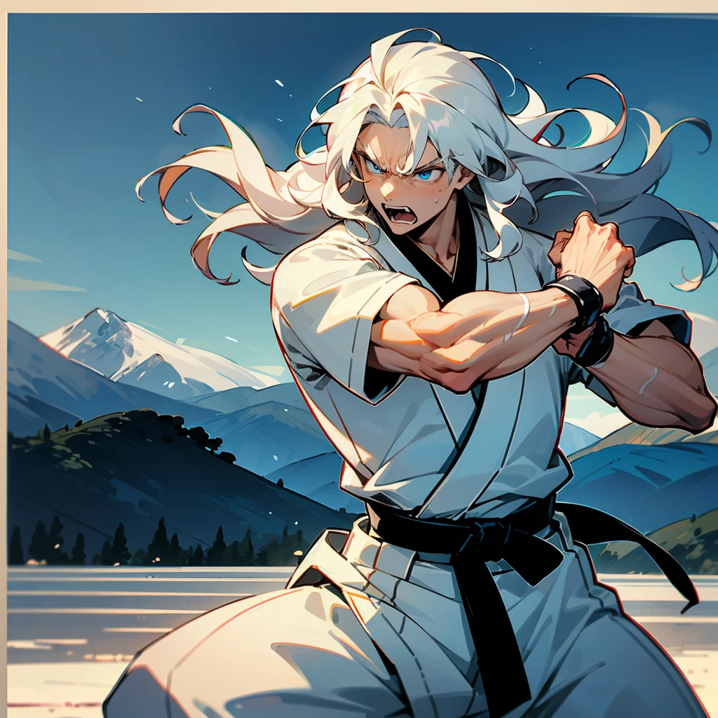 1male, White Hair, Blue Martial Arts Gi, Wavy Hair, Black Belt, Traditional Attire, Blue Eyes, Angry Expression, Muscular, High Ranker, Adult Male, Mountain, Practicing Moves