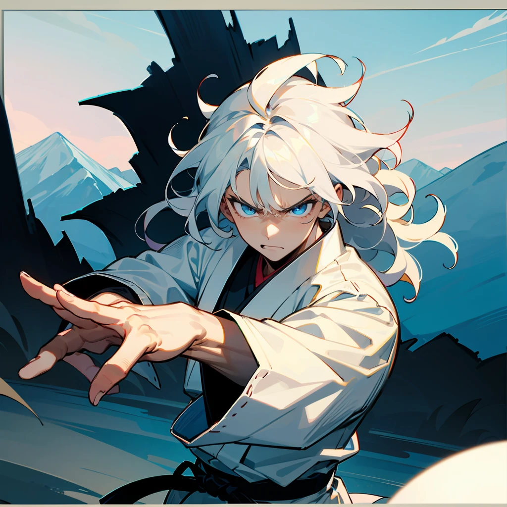 1male, White Hair, Blue Martial Arts Gi, Wavy Hair, Black Belt, Traditional Attire, Blue Eyes, Angry Expression, Muscular, High Ranker, Adult Male, Mountain, Practicing Moves