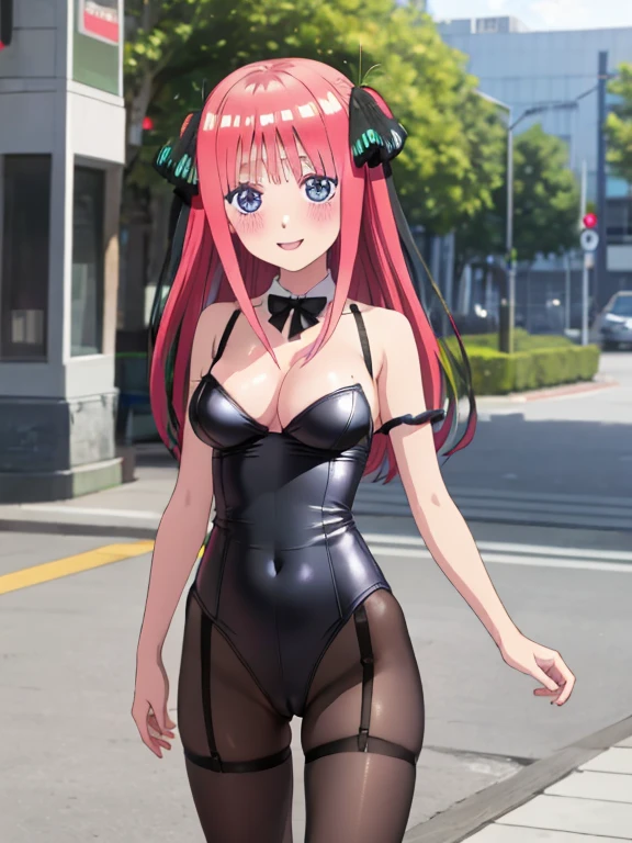 best quality, insanely detailed, nino nakano, breasts, blush, outdoor background, bare-shoulder, looking at viewer, garter strap, a black ribbon, pantyhose, highleg leotard, pussy, smile