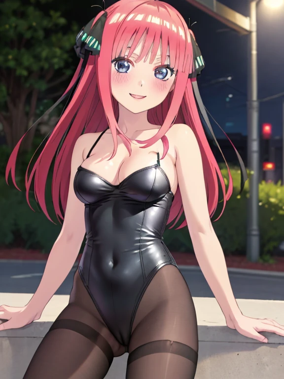 best quality, insanely detailed, nino nakano, breasts, blush, outdoor background, bare-shoulder, looking at viewer, garter strap, a black ribbon, pantyhose, highleg leotard, pussy, smile