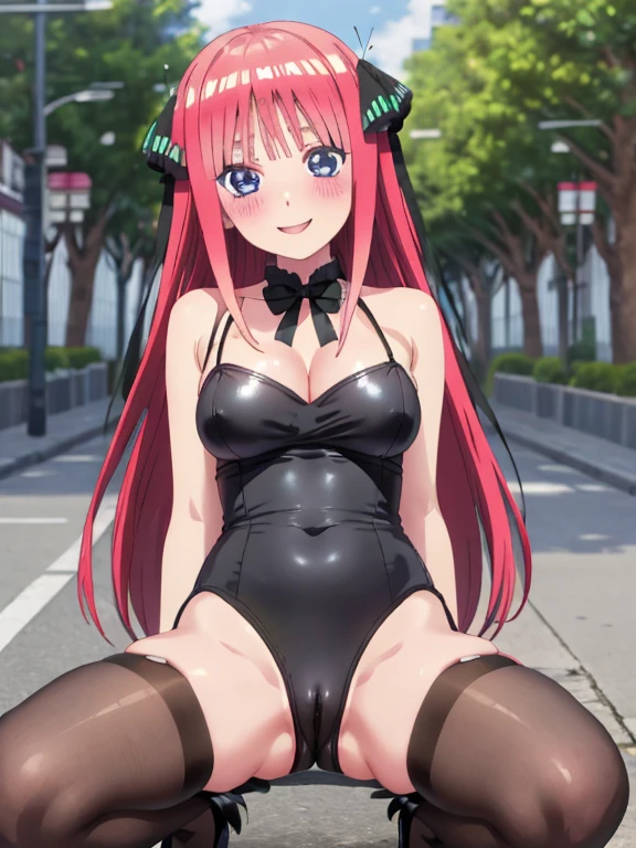 best quality, insanely detailed, nino nakano, breasts, blush, outdoor background, bare-shoulder, looking at viewer, garter strap, a black ribbon, pantyhose, highleg leotard, pussy, smile