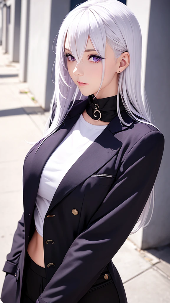 Beautiful girl, White hair, purple eyes, jacket (negro), Pants (Color)