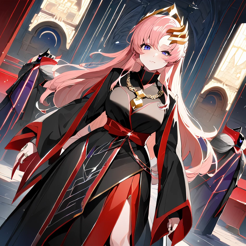 ((Highest quality)), ((masterpiece)), (detailed), (Perfect Face)、The woman is Lacus Clyne, the wife of the leader of the evil god cult, the saint of darkness, and the shrine maiden of the evil god. She has blue eyes, pink semi-long hair, and a hair ornament, and is a gorgeous and delicately detailed disaster.々She is wearing a beautiful black evil god shrine maiden outfit, an evil god necklace and other evil accessories, a gorgeous evil god head chain tiara, and an engagement ring.、The woman is the wife of a middle-aged, bearded cult leader who is revered by a mysterious cult of evil gods.、He is standing at the altar of the Evil God Cult with a mysterious cult leader dressed in luxurious cult leader clothing.