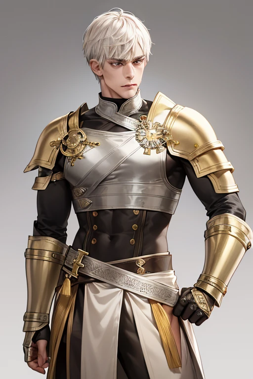 Male human, greyish-tan skin, very short white hair, heterochromia (brown and gold), scar on left eye, brown bandana covering nose and mouth, prominent nose, scowl. Outfit: gold-yellow poncho, leather chestplate, leather gauntlets, leather greaves, khopesh sword dangling from the hip.