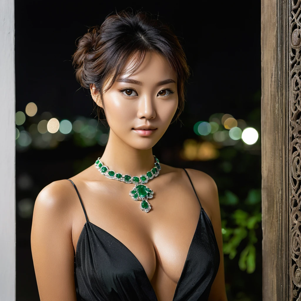  Photo du corps entier dans un cadre urbain nocturne d'une jeune femme classe mesurant environ 1m60, métisse d'origine asiatique et norvégienne aux yeux vert clair avec des longs cheveux bruns bouclés .En robe noir, collier, brillant à lèvres transparent, des seins de taille 95G, allure sportive, 25 ans.