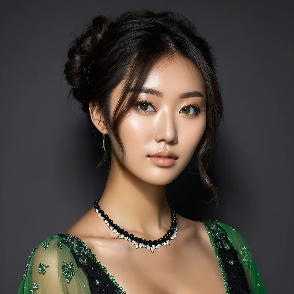  Photo du corps entier dans un cadre urbain nocturne d'une jeune femme classe mesurant environ 1m60, métisse d'origine asiatique et norvégienne aux yeux vert clair avec des longs cheveux bruns bouclés .En robe noir, collier, brillant à lèvres transparent, des seins de taille 95G, allure sportive, 25 ans.
