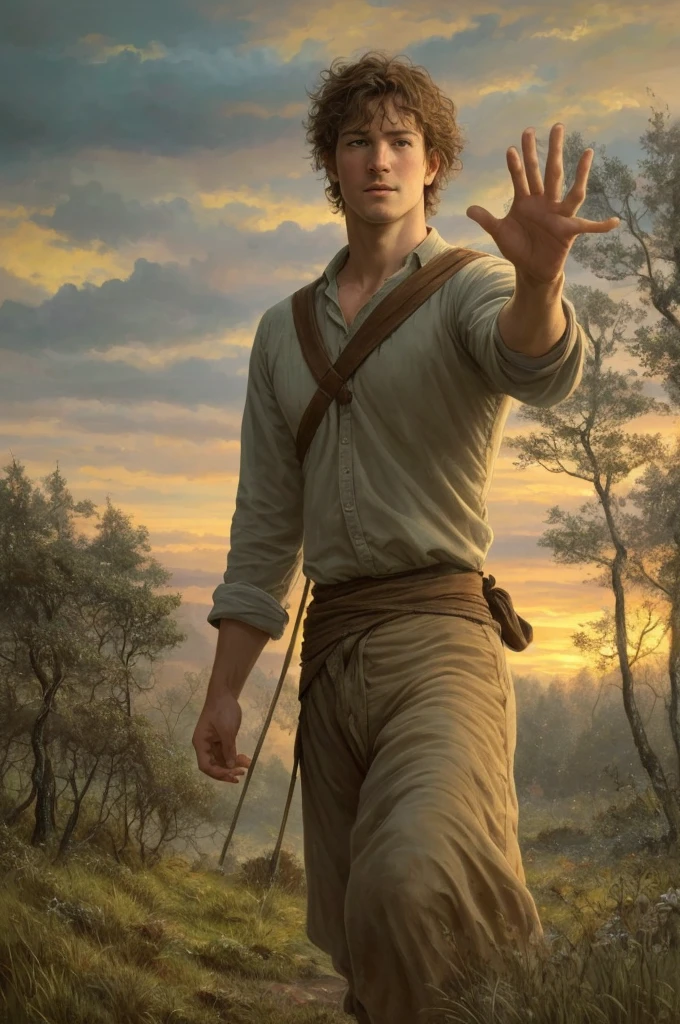 close up of 1 man, attractive, of scottish descent, rogue walking in the forest, at sunset, beautiful face, beautiful sky, (oil painting), classical art:0.4, detailed, intricate, (fantasy art), muted color:0.25, best quality, good anatomy, good composition, good proportions, good design, dynamic pose, good pose, realistic sky, realistic backgrounds, (cinematic), (highest quality, award winning, masterpiece:1.3), (art by Arthur Rackham:0.5), (((natural colors))), (photorealistic:1.4), ((empty hands, holding nothing)),