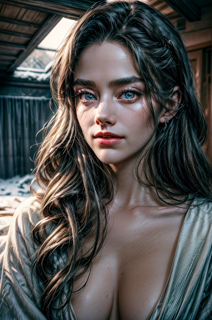 a mature 40s female teacher, beautiful detailed eyes, beautiful detailed lips, extremely detailed face and skin, long hair flowing down shoulders, teasing smile, bedroom interior, satin panties, looking back coyly, (best quality,4k,8k,highres,masterpiece:1.2),ultra-detailed,(realistic,photorealistic,photo-realistic:1.37),beautiful lighting,dreamy atmosphere,cinematic,high quality portrait,elegant,sensual,provocative a snowy winter landscape in siberia, snow covered pines, frozen lake, beautiful detailed sky, dramatic lighting, highly detailed, (best quality,4k,8k,highres,masterpiece:1.2),ultra-detailed,(realistic,photorealistic,photo-realistic:1.37),stunning scenery, soft lighting, atmospheric, cinematic composition, muted color palette, cold tones