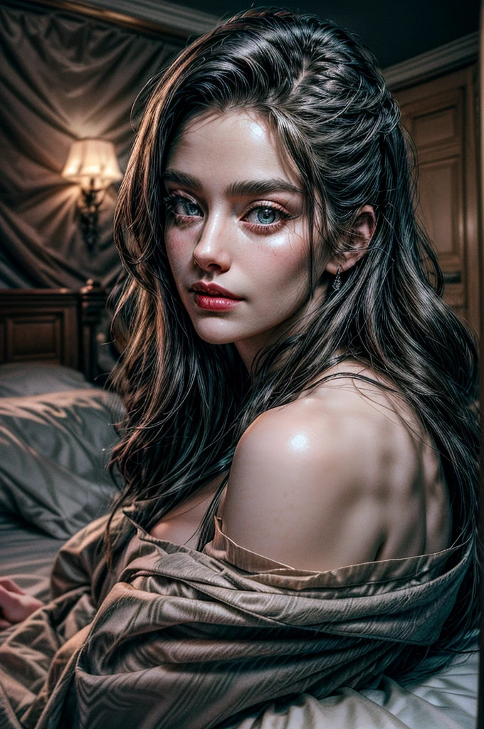 a mature 40s female teacher, beautiful detailed eyes, beautiful detailed lips, extremely detailed face and skin, long hair flowing down shoulders, teasing smile, bedroom interior, satin panties, looking back coyly, (best quality,4k,8k,highres,masterpiece:1.2),ultra-detailed,(realistic,photorealistic,photo-realistic:1.37),beautiful lighting,dreamy atmosphere,cinematic,high quality portrait,elegant,sensual,provocative a snowy winter landscape in siberia, snow covered pines, frozen lake, beautiful detailed sky, dramatic lighting, highly detailed, (best quality,4k,8k,highres,masterpiece:1.2),ultra-detailed,(realistic,photorealistic,photo-realistic:1.37),stunning scenery, soft lighting, atmospheric, cinematic composition, muted color palette, cold tones