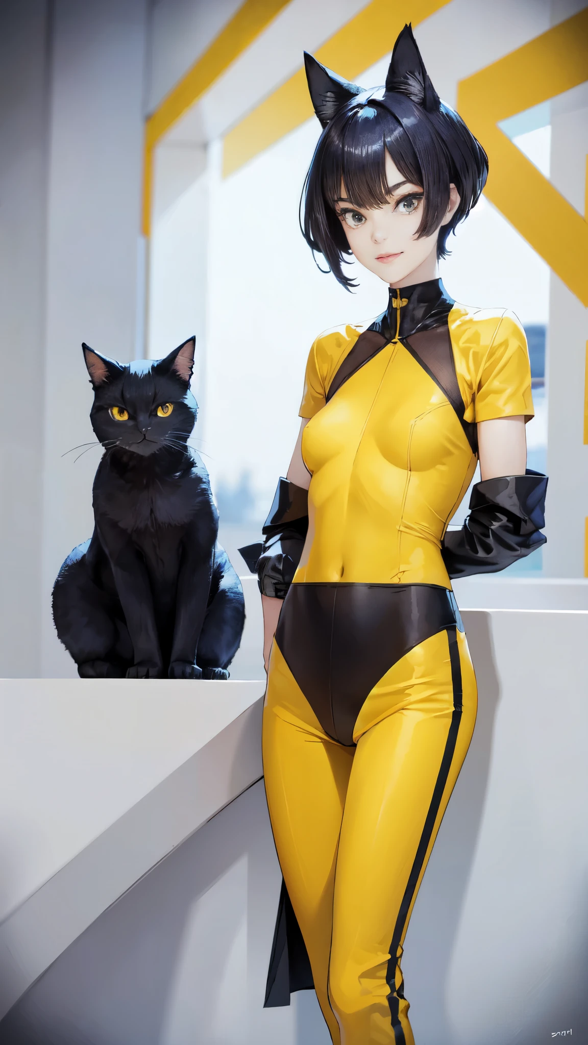 very young slim fit girl, full body shot, rounded face, very short disheveled dark blue hair, big yellow eyes, shy smile, perfect flat breast, band on head with fake cat ears, look at you, (ahoge:1.2), megane, sashagrey, a strand of hair from the bangs hangs between the eyes, accurate small snub nose