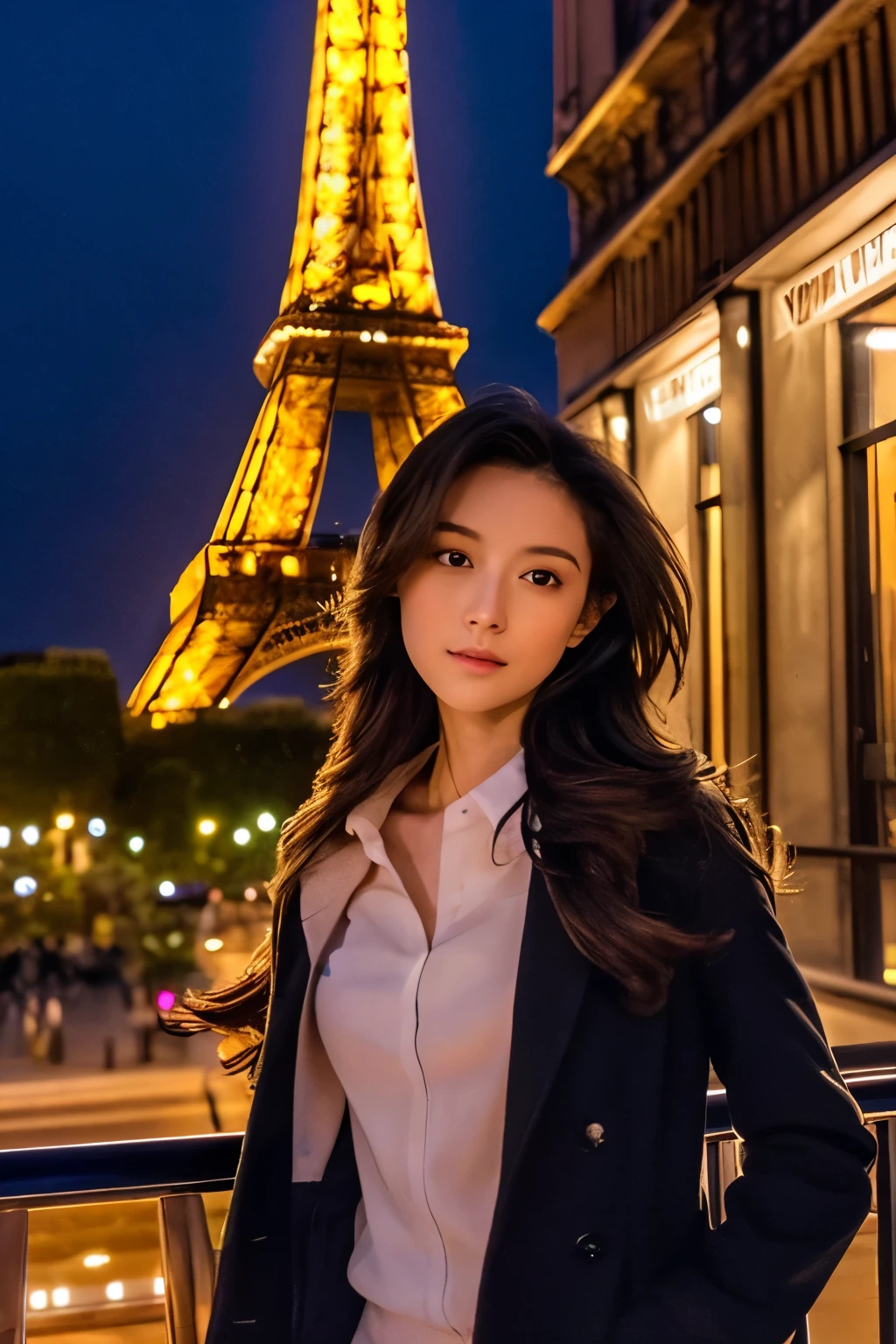 Create a high-quality, hyper-realistic illustration of a skinny Japanese woman standing in front of the Eiffel Tower at night. The Eiffel Tower is illuminated by lights, creating a stunning and iconic backdrop. The woman is dressed elegantly, with long, flowing hair and a sophisticated outfit that complements the romantic ambiance of Paris at night. She has a serene and graceful expression, and her posture is poised and confident. The background should include the softly glowing lights of the Eiffel Tower, as well as the night sky and surrounding city lights. Ensure the image has detailed facial features, expressive eyes, and an anatomically correct body structure. The overall composition should capture the enchanting and romantic atmosphere of Paris, with the illuminated Eiffel Tower providing a captivating backdrop. Detailed face, detailed eyes