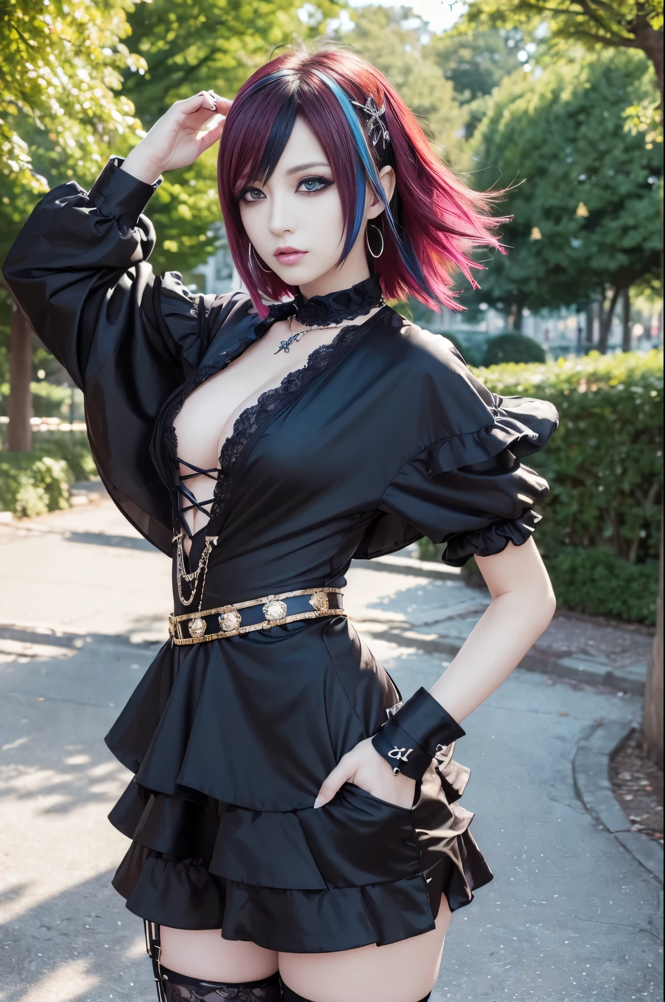 (masterpiece:1.4), (best quality:1.4), ultra high res, ultra high resolution, ((ultra detailed facial features)), HDR, (realistic, photorealistic, photo-realistic:1.37), full body Esbian, sexy Swedish model, (-anime), vivid colors, ((vivid colors multicolor (Visual Kei style very short hair))), (big smile), ultra detailed heavy eye-makeup, bold lip-color, long lashes, defined eyebrows, wearing large dramatic Visual Kei jewelery, wearing a Visual Kei cosplay, ((vivid Visual Kei outfit)), layered clothing, look at the camera, cinematic light, large park background with trees, sweet and sexy pose