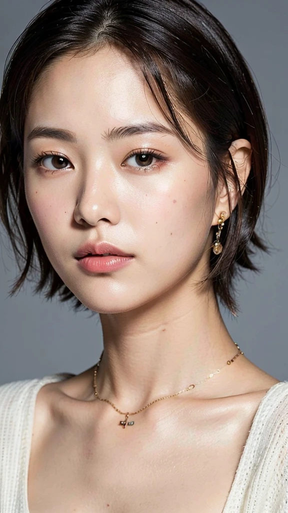 (Highest quality, 8k, 32K, masterpiece, Ultra-high resolution:1.2),Beautiful Japanese Women Photos, Large Breasts, Very short bob hair,Upper Body,Face Focus,Extra Large_sweater, necklace, Simple Background, From above, View your viewers,Illuminated from the front
、Earrings