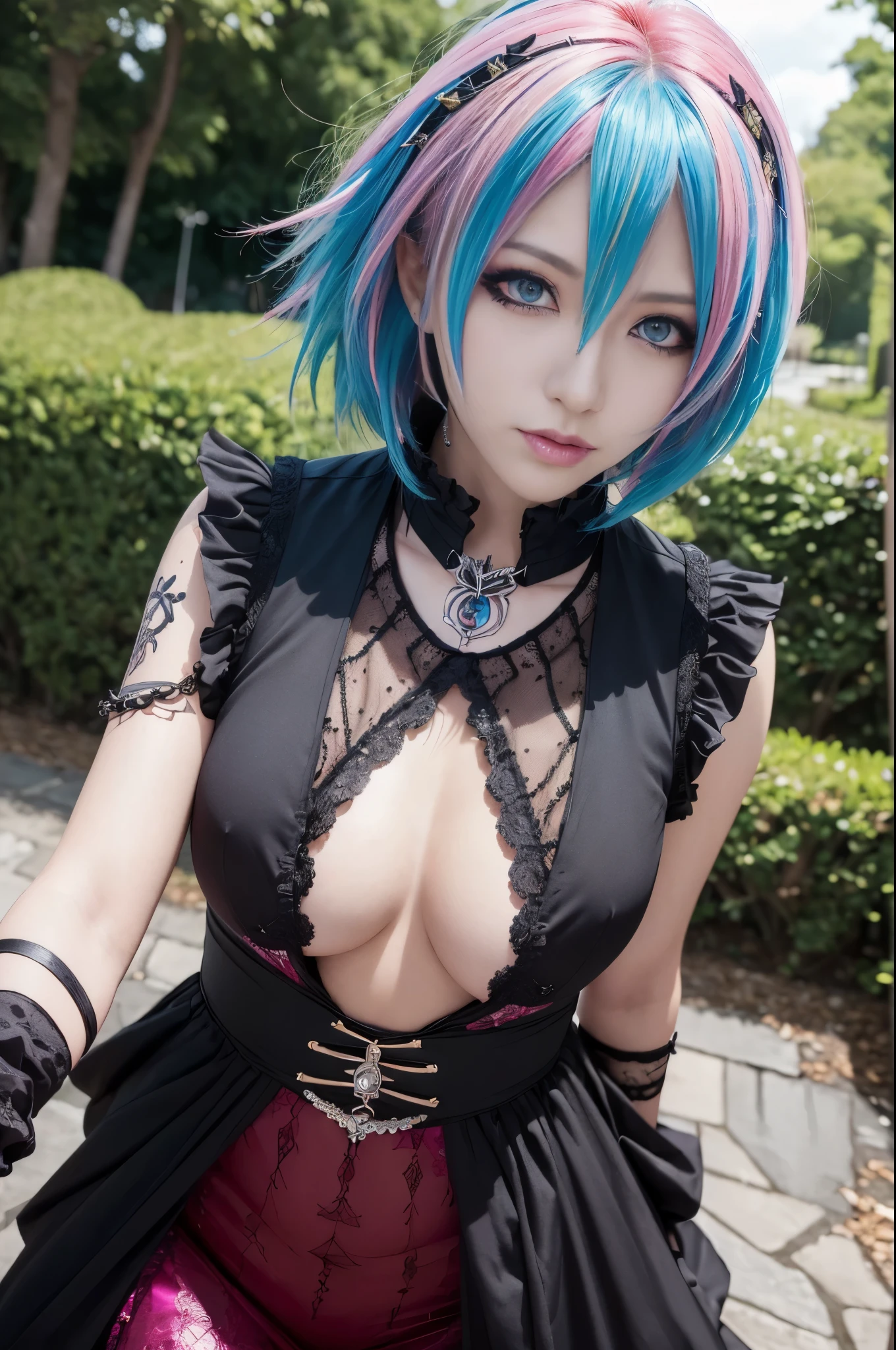 (masterpiece:1.4), (best quality:1.4), ultra high res, ultra high resolution, ((ultra detailed facial features)), HDR, (realistic, photorealistic, photo-realistic:1.37), full body Esbian, sexy Swedish model, (-anime), vivid colors, ((vivid colors multicolor (Visual Kei style very short hair))), (big smile), ultra detailed heavy eye-makeup, bold lip-color, long lashes, defined eyebrows, wearing large dramatic Visual Kei jewelery, wearing a Visual Kei cosplay, ((vivid Visual Kei outfit)), layered clothing, look at the camera, cinematic light, large park background with trees, sweet and sexy pose