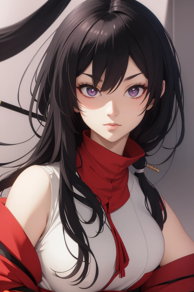 Fantasy RPG character, 26-year-old woman, samurai, sword, Japanese clothing,black hair, ((anime)), ((best qualtiy, 8K, tmasterpiece:1.3)), Focus:1.2, perfect figure beautiful woman:1.4, 1woman, cowboy shot, look at viewer, eyes facing the camera, incredibly absurd, beautiful and cute woman, showcasing top-quality craftsmanship, cute, neat,sexy,pretty