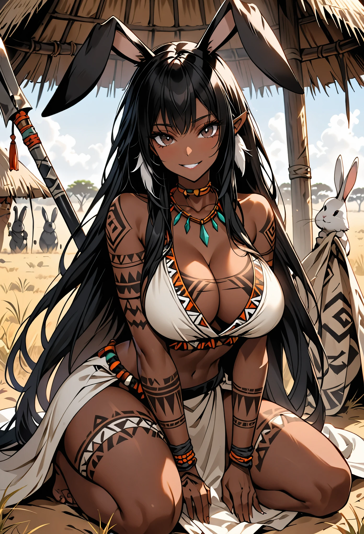 female, huge black rabbit ears, floppy rabbit ears, dark skin, black hair, very long hair, braided hair, huge breasts, tribal clothes, tribal tattoos, sackcloth clothes, thick thighs:0.4, teasing smile, kneeling, savannah, hut, spear, black eyes, abs, bare midriff, cleavage, heaving breasts, close up, from the waist up, looking at viewer, black fluffy ears
