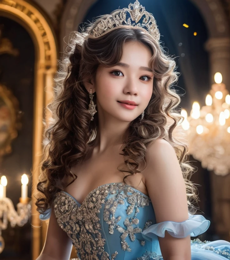 Dramatic composition, court-style dresses, royal, gorgeous, cascading frills, ruffles, bows, crystal chandeliers, Roman curly hairstyles, ponet, double ponytails like drills, look at the camera, bangs, maximalism, palatial background, delicate portrayal of hair and eyes, princess dresses, gorgeous skirts, flowers in hand, smiles, starry eyes, cinematic light, extreme detail, high definition, happy girl, very long hair, diamonds, broken diamonds, crystal fragments, light particles