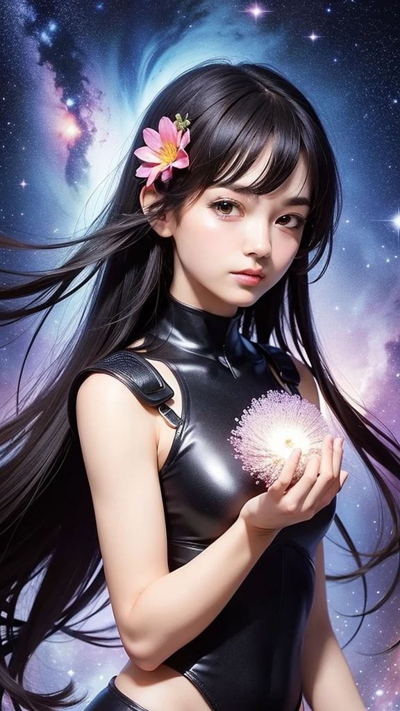 (best quality, masterpiece), 1girl, pose, particle, wind, flower, upper body, simple background, looking at viewer, black wildly hair, cosmic, nebulas, galaxy