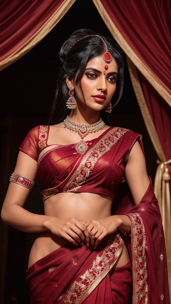"Create an image of Goddess Kali draped in a blood-red maroon saree made of net fabric, adorned with intricately crushed diamonds embedded throughout the saree. She should have a seductive face expression and a captivating pose that accentuates her allure, while maintaining her powerful and majestic aura.