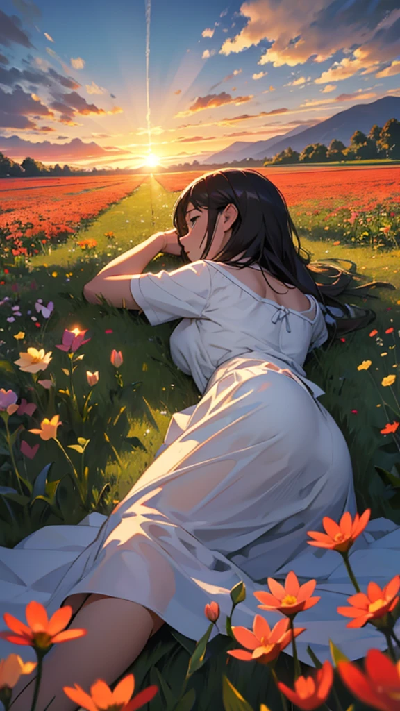 alone in flower field lying on the ground at sunset