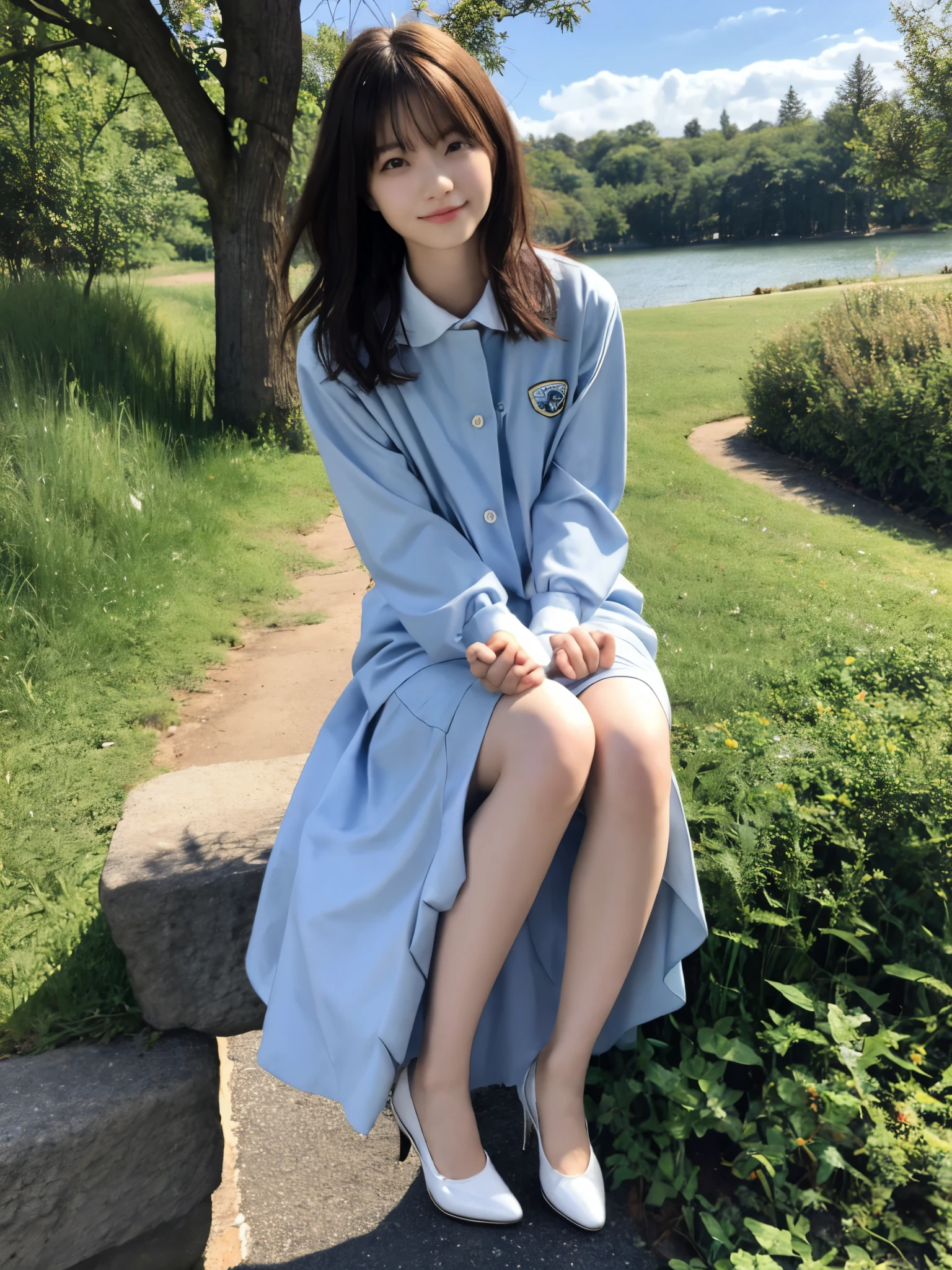 Woman sitting by the lake、Standing with both knees together、Legs stretched out in front、Hands on your back、Beauty、20-year-old、university student、Well-balanced proportionedium build、Small face、Small breasts、Small Ass、A strong wind is blowing、grassland、There are a lot of trees、She is wearing a navy blue short-sleeved long dress、Wearing white panties、Wearing pumps、Uniform left and right eyes、blue sky、