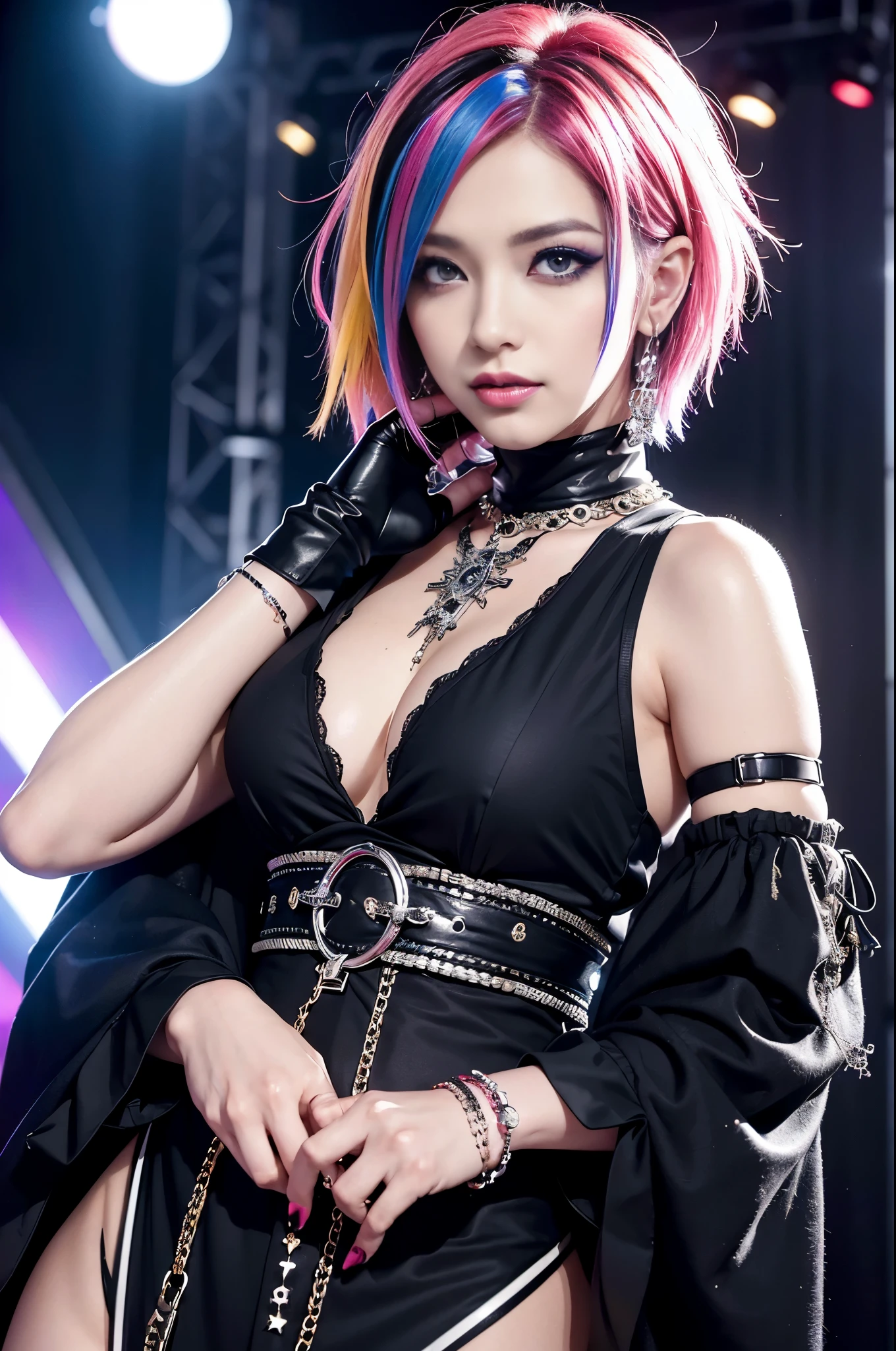 (masterpiece:1.4), (best quality:1.4), ultra high res, ultra high resolution, ((ultra detailed facial features)), HDR, (realistic, photorealistic, photo-realistic:1.37), full body Esbian, sexy Swedish male model, (-anime), vivid colors, ((vivid colors multicolor (Visual Kei style very short hair))), (big smile), ultra detailed heavy eye-makeup, bold lip-color, long lashes, defined eyebrows, wearing large dramatic Visual Kei jewelery, wearing a Visual Kei cosplay, ((vivid Visual Kei outfit)), layered clothing, look at the camera, cinematic light, rockstar festival stage background with multicolor lights, sweet and sexy pose