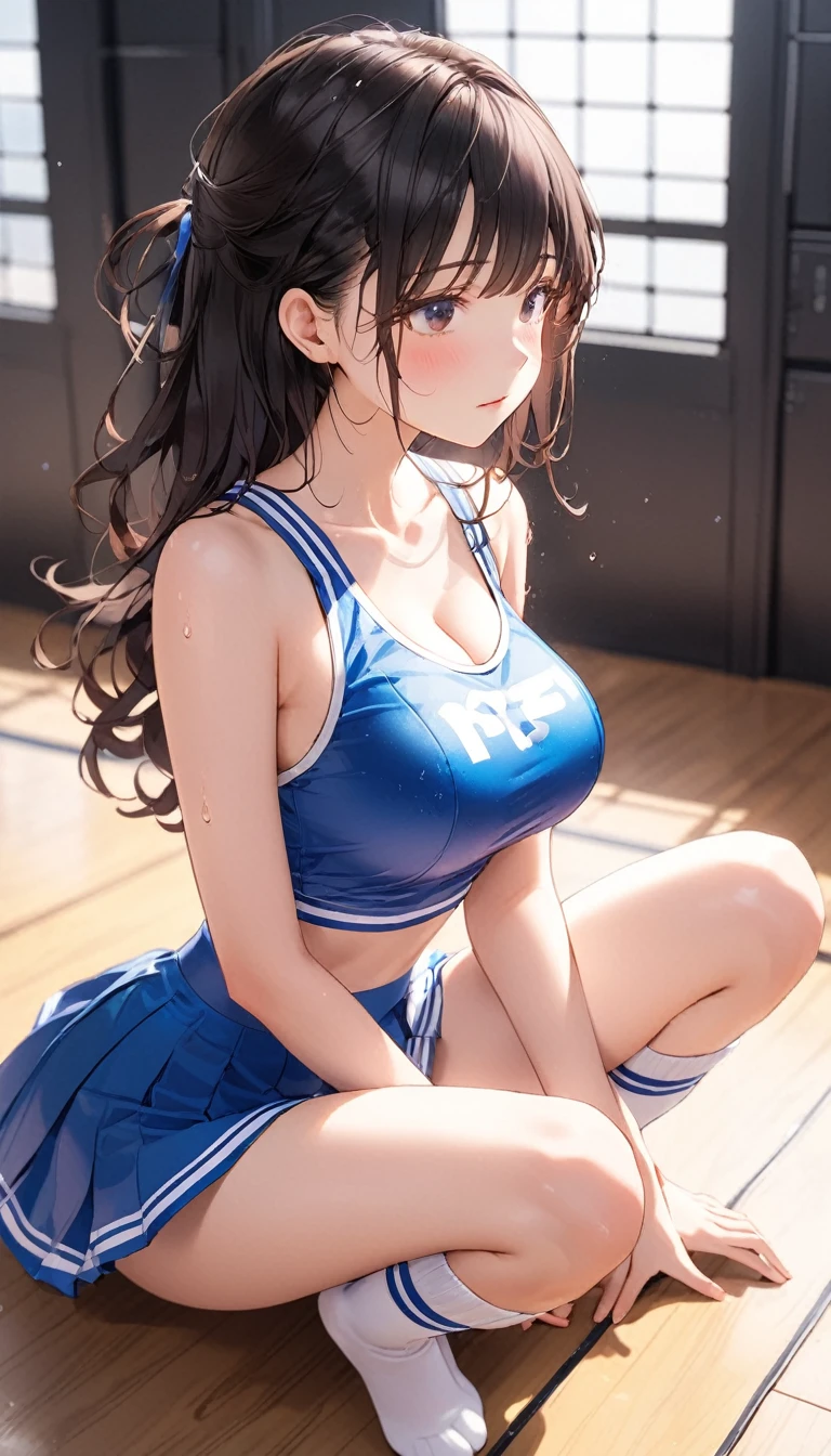 1womanl,Black hair,years,(((White and blue shiny gym uniform and micro skirt)))(())(((Blushing cheeks、Smile with open mouth)),(((Nariko Saten))),((( portlate))),Crowds,and micro skirt,Wet with sweat(((Sexy Bra)))(eye glasses)