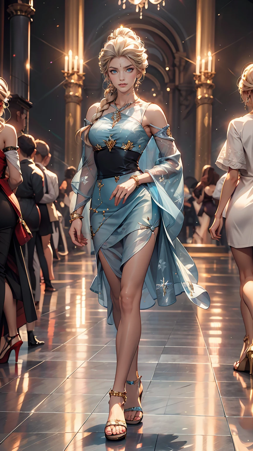 Best Images, (8k, RAW Photos, Realistic), Detailed and delicate depiction and flashy and dynamic painting technique, fashion show, Beautiful female model with outstanding figure and shape, Condescending gaze and narrow eyes, Extreme hairstyles、Makeup、Costumes, Unique color and unique design fashion, Background venue and audience, Colorful lights dancing