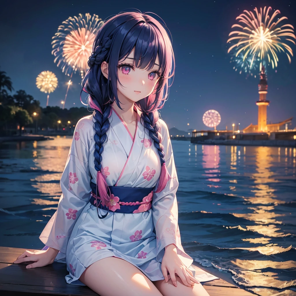 (Sky Blue Medium Hair:1.2), (Braided Hair),(Pink Eyes),Fair skin ,(whole body),(1 girl)、Floral Yukata、summer night、Extra-large fireworks filling the night sky、Huge fireworks launched from the sea、Watching the fireworks while sitting next to each other、Straight bangs,(masterpiece, Highest quality, Very detailed, Best Shadow), (Detailed Background), (Beautifully detailed face), High Contrast, (Best lighting, Very delicate and beautiful), ((Cinematic Light)), colorful, Hyper Detail 8k, Dramatic Light, Intricate details,Fireworks reflected on the water surface、