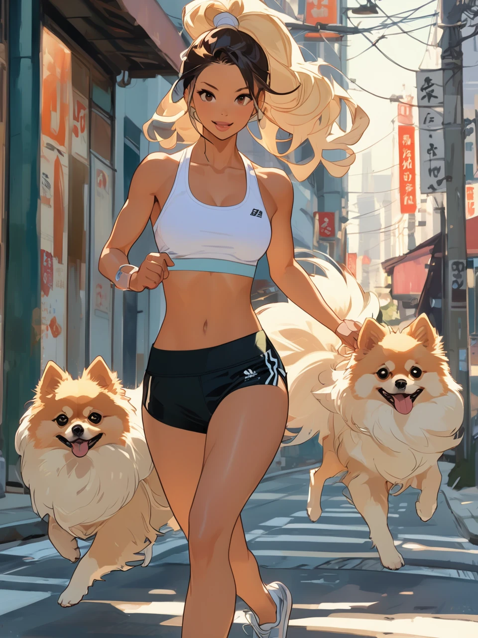 Sexy athlete in sport bra, ponytail, running with a Pomeranian on the street. Style by J.C. Leyendecker. Style by Makoto Shinkai
