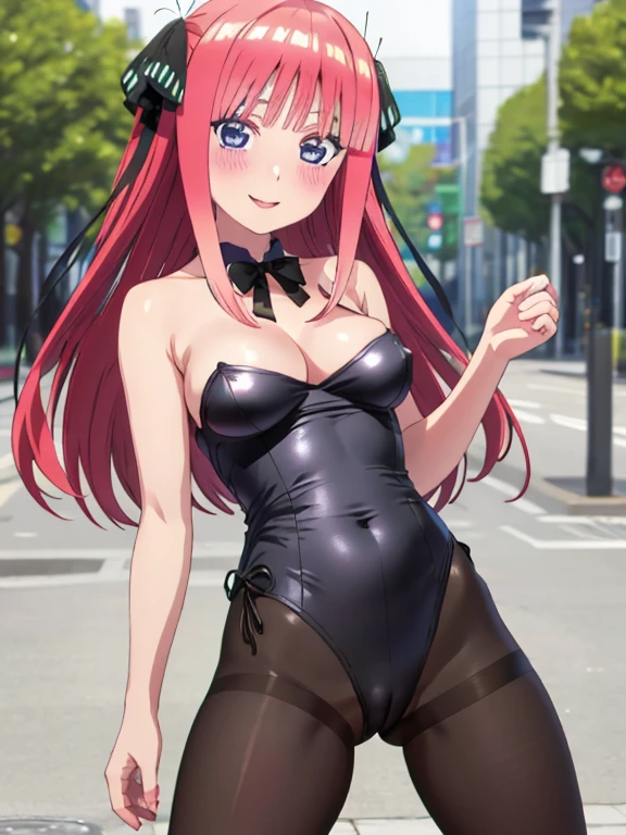 best quality, insanely detailed, nino nakano, breasts, blush, outdoor background, bare-shoulder, looking at viewer, garter strap, a black ribbon, pantyhose, highleg leotard, pussy, smile