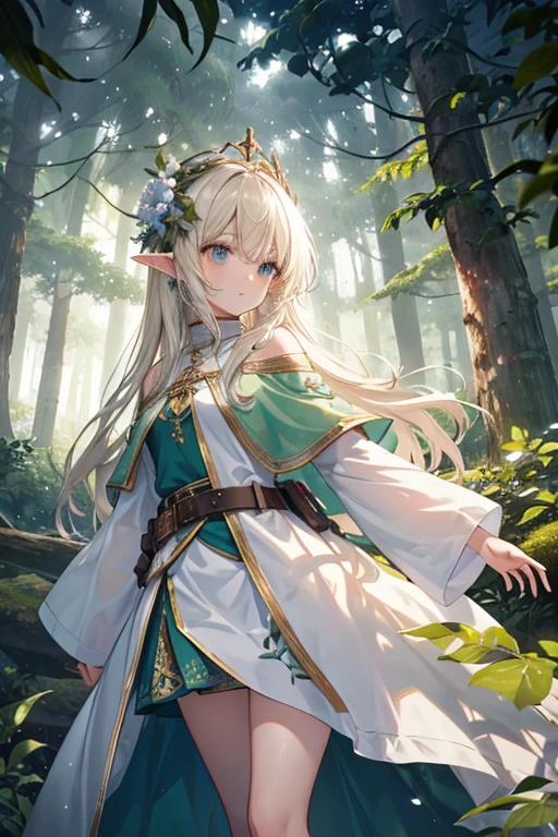 a young elf from Eldoria Forest, fearless and curious, with a deep connection to the magic of nature. wears an elegant, fluid tunic made of light, natural fabrics that imitate the green of leaves and the brown of wood, allowing it to camouflage perfectly in the forest. Her tunic is adorned with delicate embroidery of leaves and flowers that glow softly in the moonlight.. detaileds: She wears a thin leather belt, where he carries small vials of herbs and potions. Your boots are made of supple leather, designed for silent movement between trees. Em seus ombros, a light cloak, almost translucent, adds a layer of protection and ethereal charm. also wears a crown of intertwined branches, which symbolizes your connection with the forest and nature.