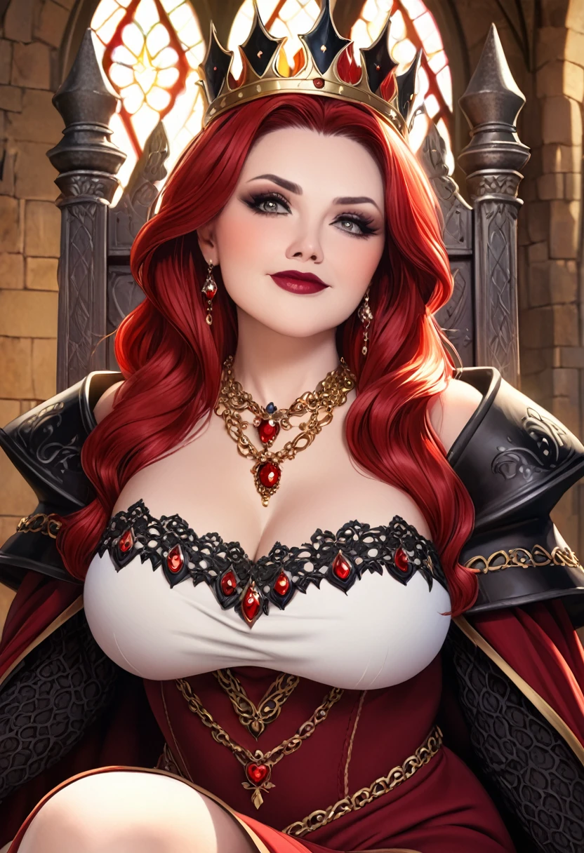 vampire empress, mature woman, 30 years old, solo focus, red wavy hair, fashion hair, light blue eyes, big breasts, toned body, intricate paladin armor, battle poses, masterpiece, ultra HD, raw photos, detailed skin textures, detailed face, detailed hair, detailed crown, perfect hands, dynamic angle