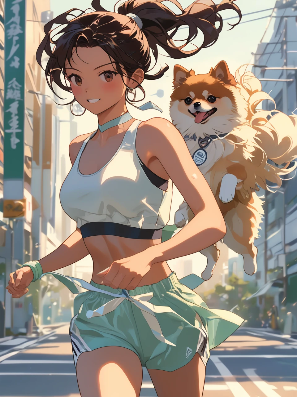 Sexy athlete in sport bra, ponytail, running with a Pomeranian on the street. Style by J.C. Leyendecker. Style by Makoto Shinkai