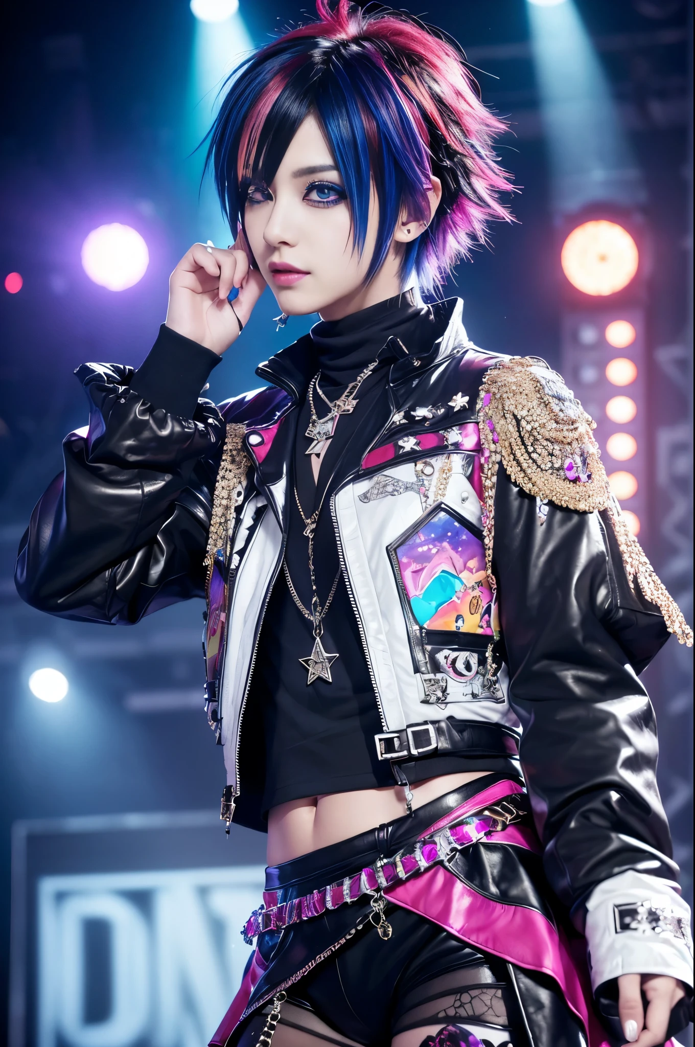 (masterpiece:1.4), (best quality:1.4), ultra high res, ultra high resolution, ((ultra detailed facial features)), HDR, (realistic, photorealistic, photo-realistic:1.37), 1 boy, full body Esbian, sexy Japanese male, (-anime), vivid colors, ((vivid colors multicolor (Visual Kei style very short hair))), (big smile), ultra detailed heavy eye-makeup, bold lip-color, long lashes, defined eyebrows, wearing large dramatic Visual Kei jewelery, wearing a Visual Kei cosplay, ((vivid Visual Kei outfit)), layered clothing, look at the camera, cinematic light, rockstar festival stage background with multicolor lights, sweet and sexy pose