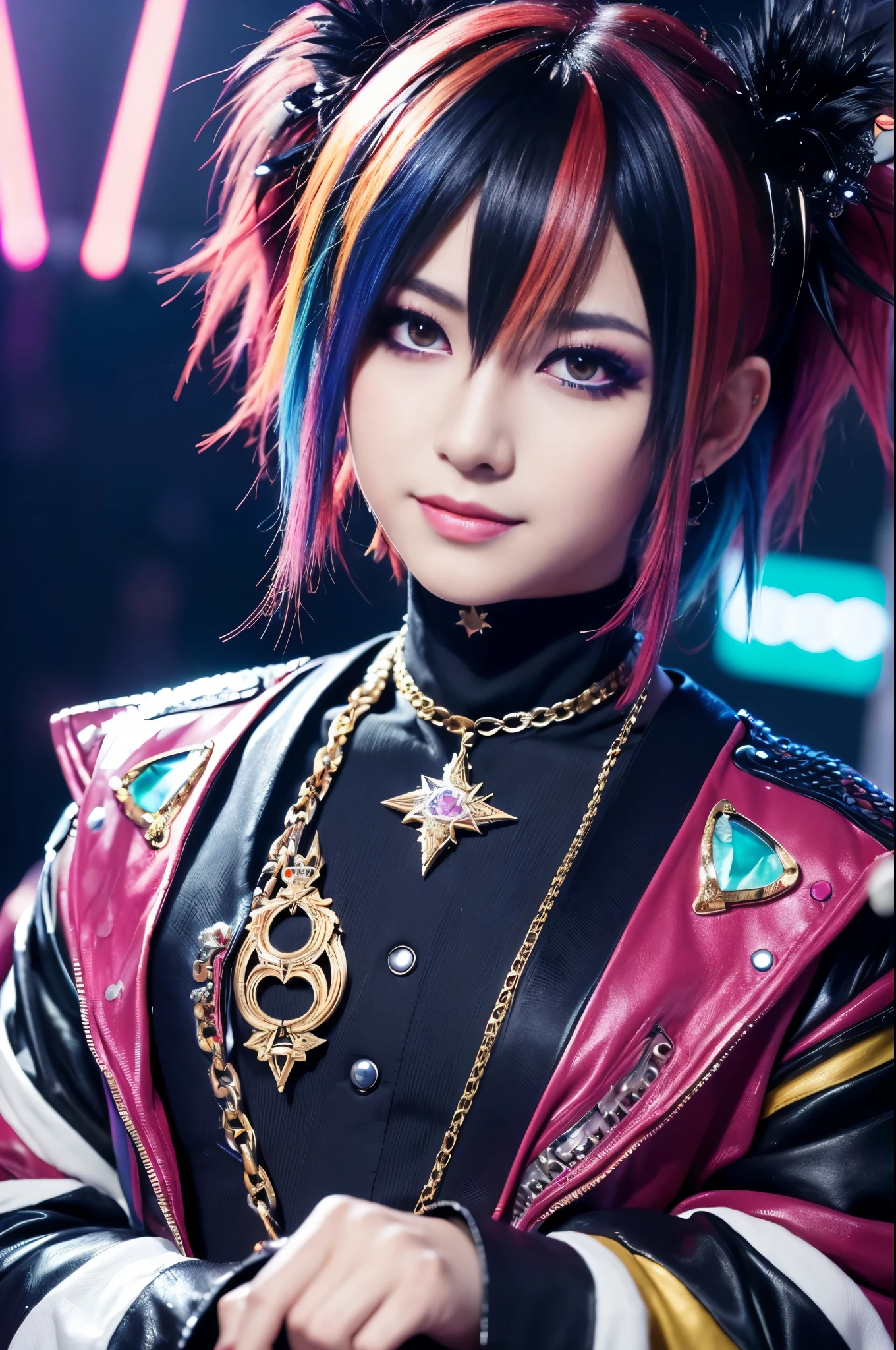 (masterpiece:1.4), (best quality:1.4), ultra high res, ultra high resolution, ((ultra detailed facial features)), HDR, (realistic, photorealistic, photo-realistic:1.37), 1 boy, full body Esbian, sexy Japanese male, (-anime), vivid colors, ((vivid colors multicolor (Visual Kei style very short hair))), (big smile), ultra detailed heavy eye-makeup, bold lip-color, long lashes, defined eyebrows, wearing large dramatic Visual Kei jewelery, wearing a Visual Kei cosplay, ((vivid Visual Kei outfit)), layered clothing, look at the camera, cinematic light, rockstar festival stage background with multicolor lights, sweet and sexy pose