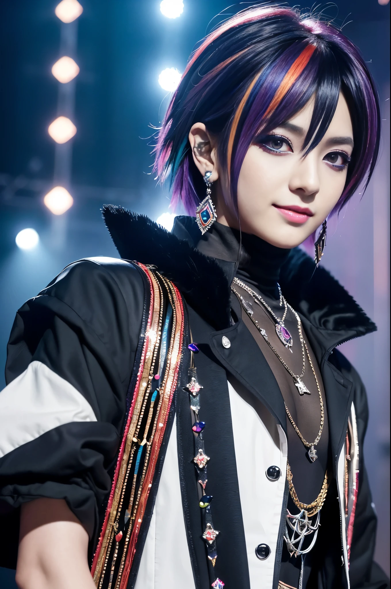 (masterpiece:1.4), (best quality:1.4), ultra high res, ultra high resolution, ((ultra detailed facial features)), HDR, (realistic, photorealistic, photo-realistic:1.37), 1 man, full body Esbian, sexy Japanese male, (-anime), vivid colors, ((vivid colors multicolor (Visual Kei style spikes very short hair))), (big smile), ultra detailed glam rock makeup, bold lipstick, long lashes, defined eyebrows, wearing large dramatic Nana Visual Kei jewelery, wearing a Nana Visual Kei cosplay, ((vivid Nana Visual Kei outfit)), layered clothing, look at the camera, cinematic light, rockstar festival stage background with multicolor lights, sweet and sexy pose