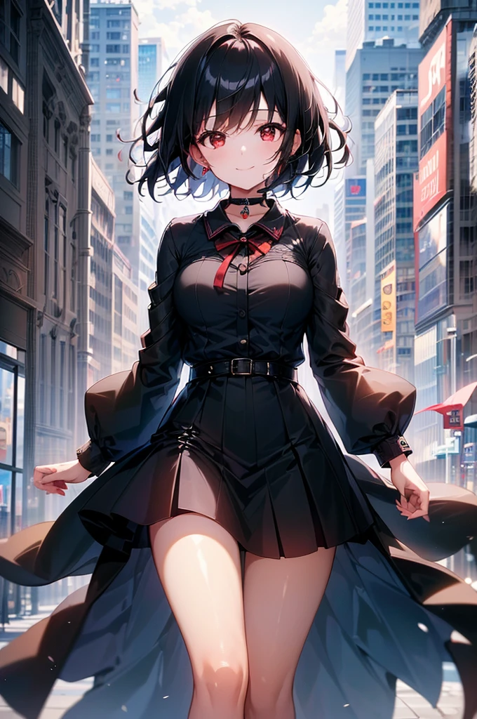 (masterpiece, highest quality, highest quality, (No text), Beautiful and aesthetic:1.2),No text,アニメ、BREAK,One Girl,Black Hair Girl short hair older sister choker Beautiful eyes Red eyes cool smile Red and Black Black jacket mini skirt whole body In town